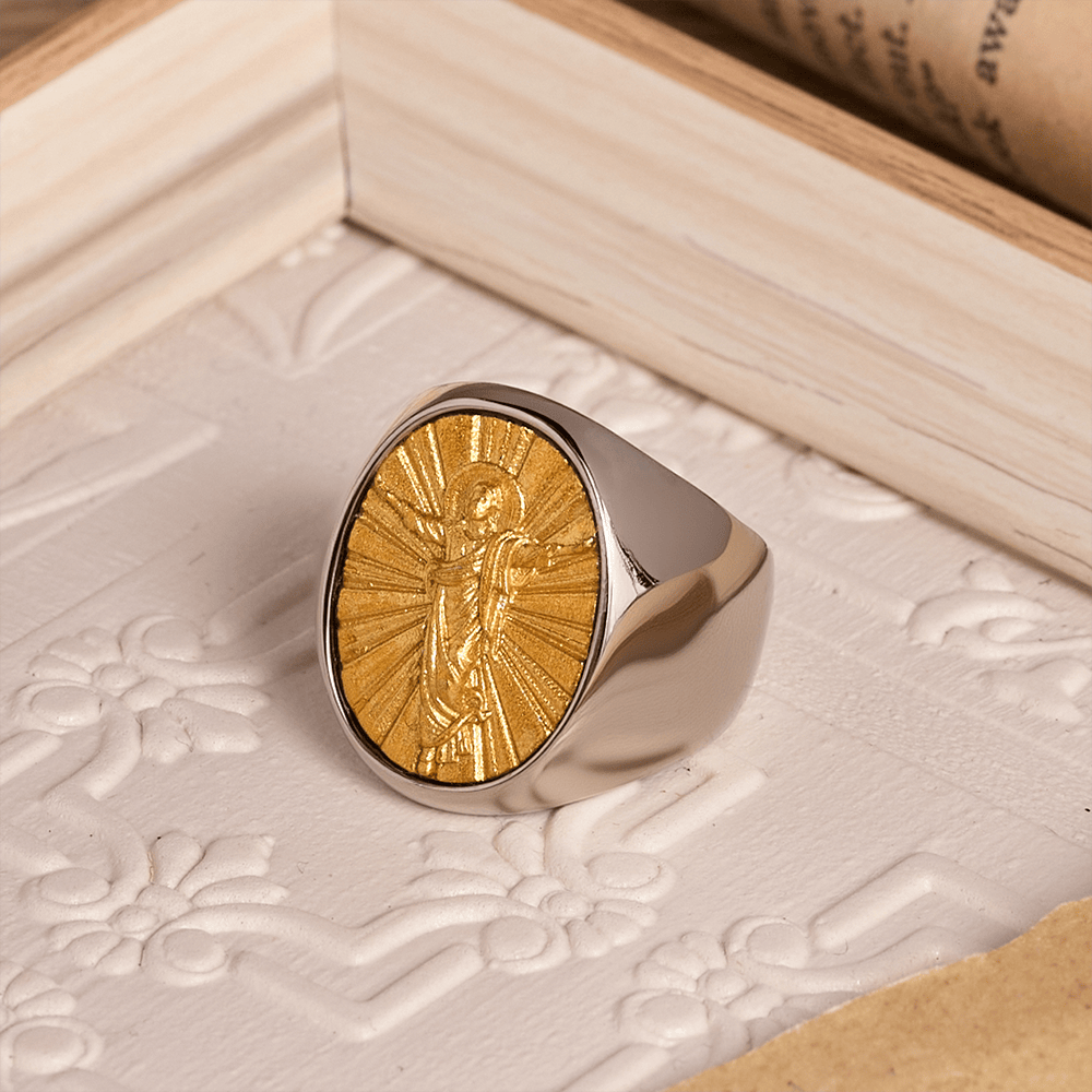Two-Tone Bezel Oval Embossed Sacred Portrait Signet Ring: A Symbol of Gentle Heavenly Grace & Blessed Safeguard