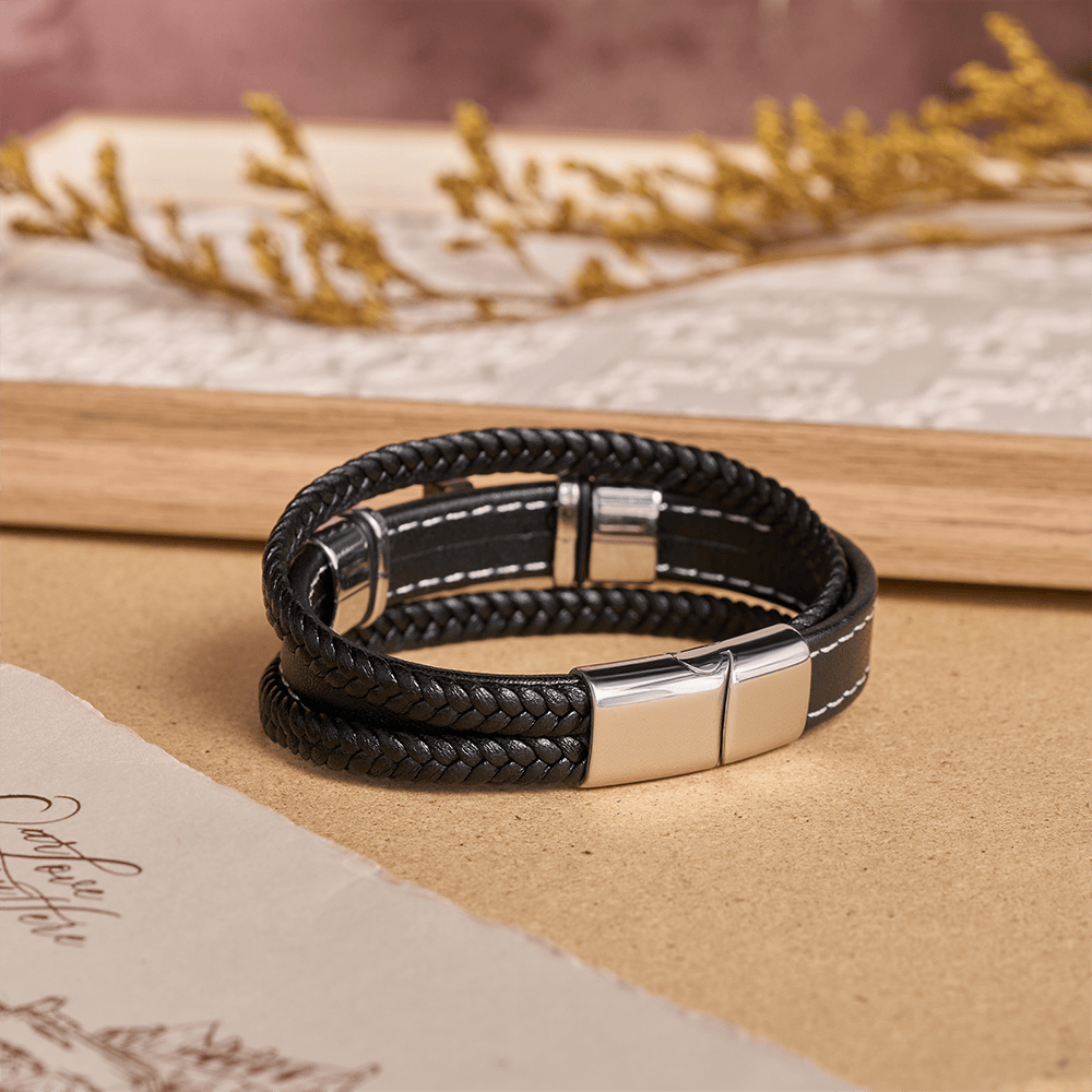 Dual-Cord Braided Stitched Leather Bracelet with Polished Stone Cross & Dual Metal Side Bead Details