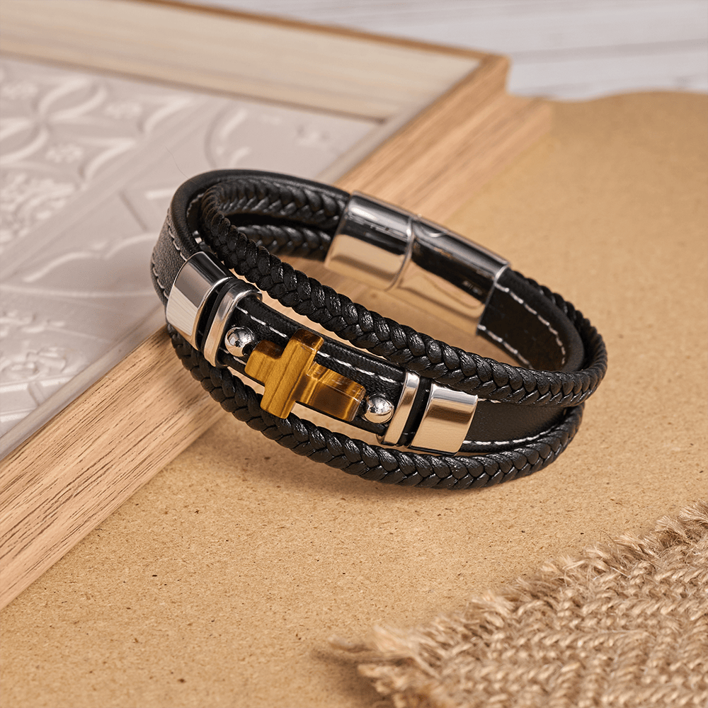Dual-Cord Braided Stitched Leather Bracelet with Polished Stone Cross & Dual Metal Side Bead Details