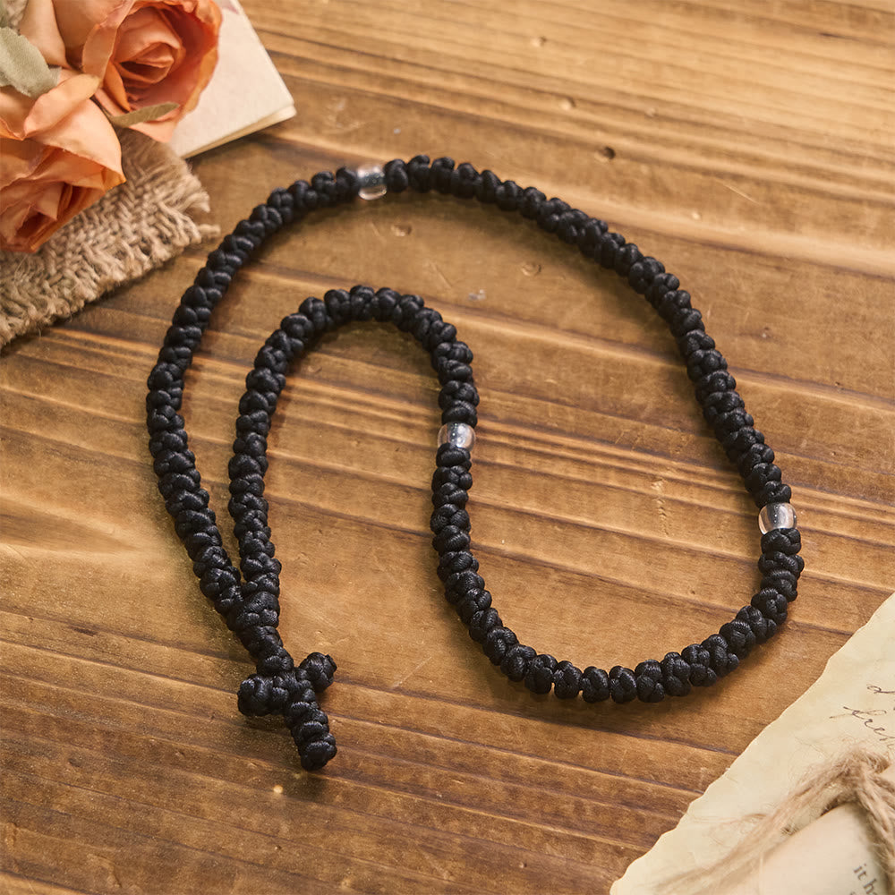 Blue & Black Cross 100 Blessing Knots String Necklace: Cherished Symbol of Holy Blessing