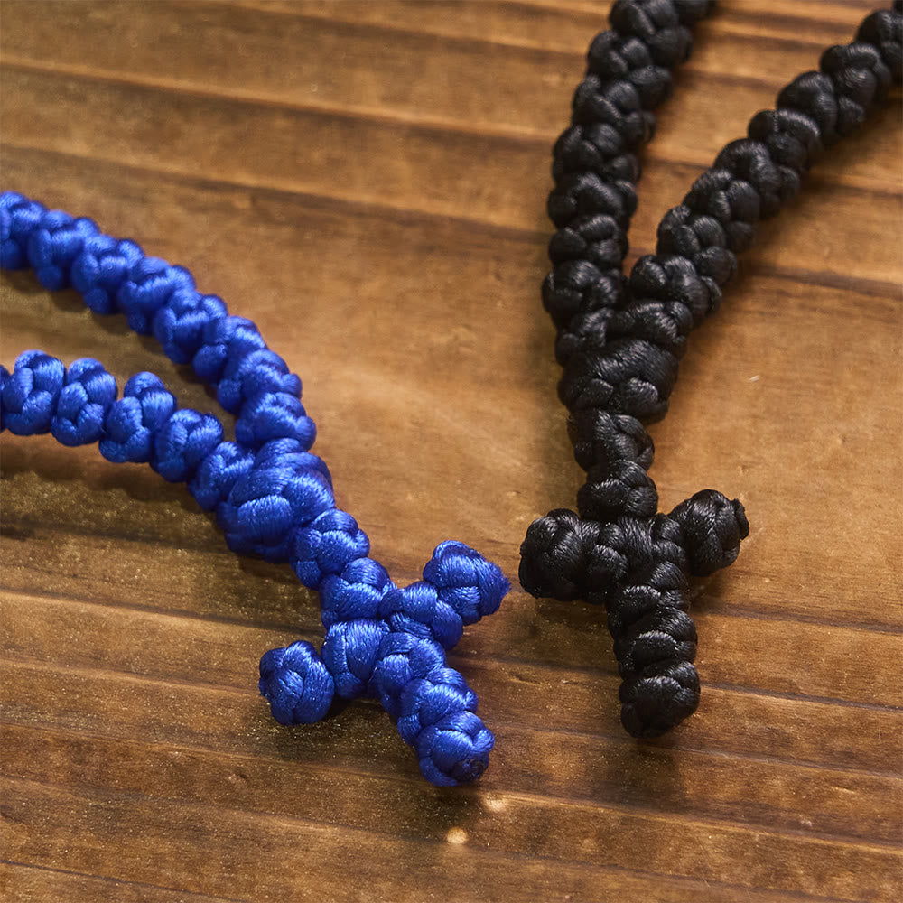 Blue & Black Cross 100 Blessing Knots String Necklace: Cherished Symbol of Holy Blessing