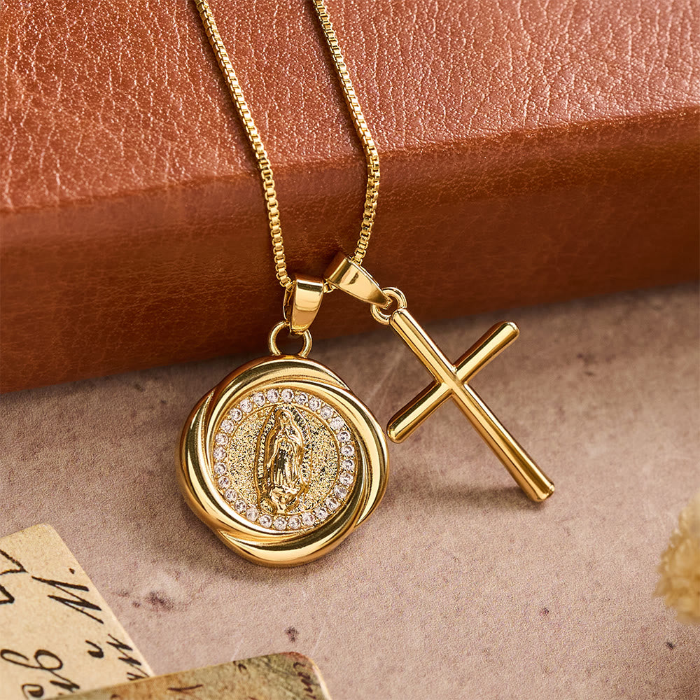 Double Pendant Necklace with Zircon-Encircled Our Lady Medallion & Polished Cross Charm