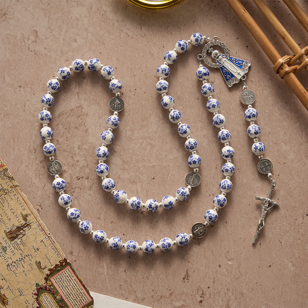 Blue & White Floral Ceramic Rosary with St. Benedict Medals & Our Lady