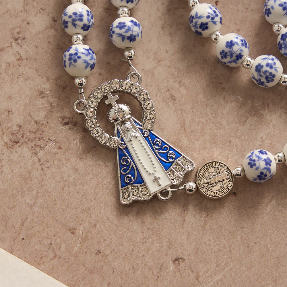 Blue & White Floral Ceramic Rosary with St. Benedict Medals & Our Lady