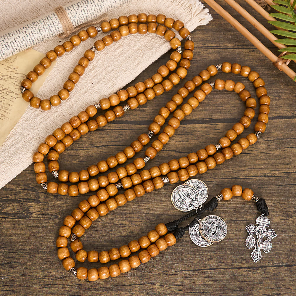 Traditional Rustic Wood 5/15/20 Decade Prayer Rosary with St. Benedict Medal & Crucifix