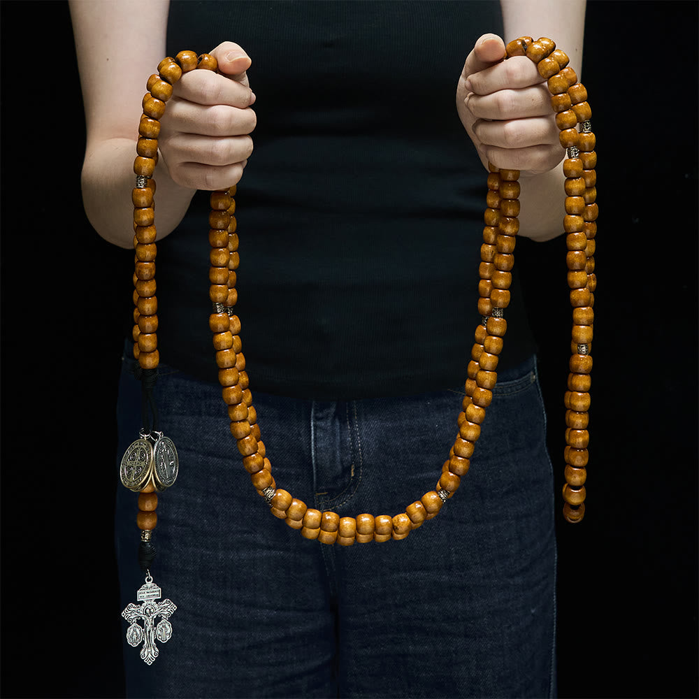 Traditional Rustic Wood 5/15/20 Decade Prayer Rosary with St. Benedict Medal & Crucifix