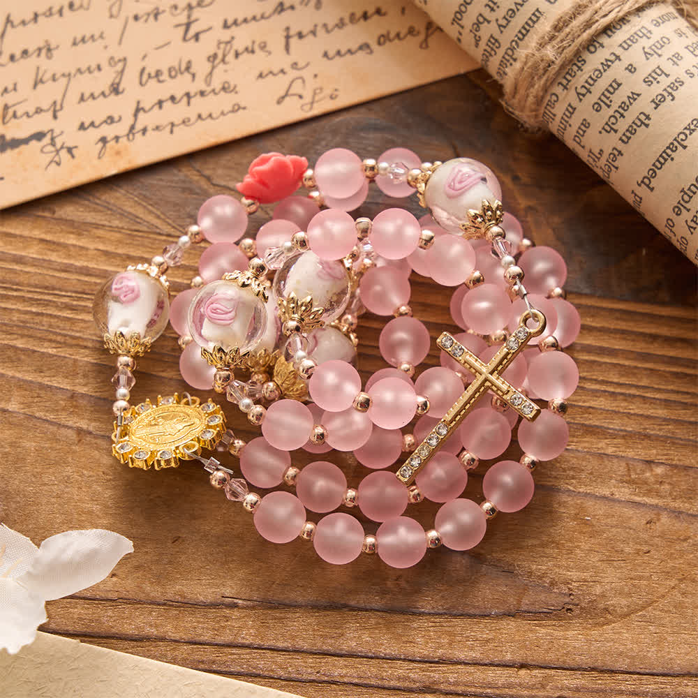Soft Matte Pink Rosary with Delicate Rose Glass & St. Benedict Devotion