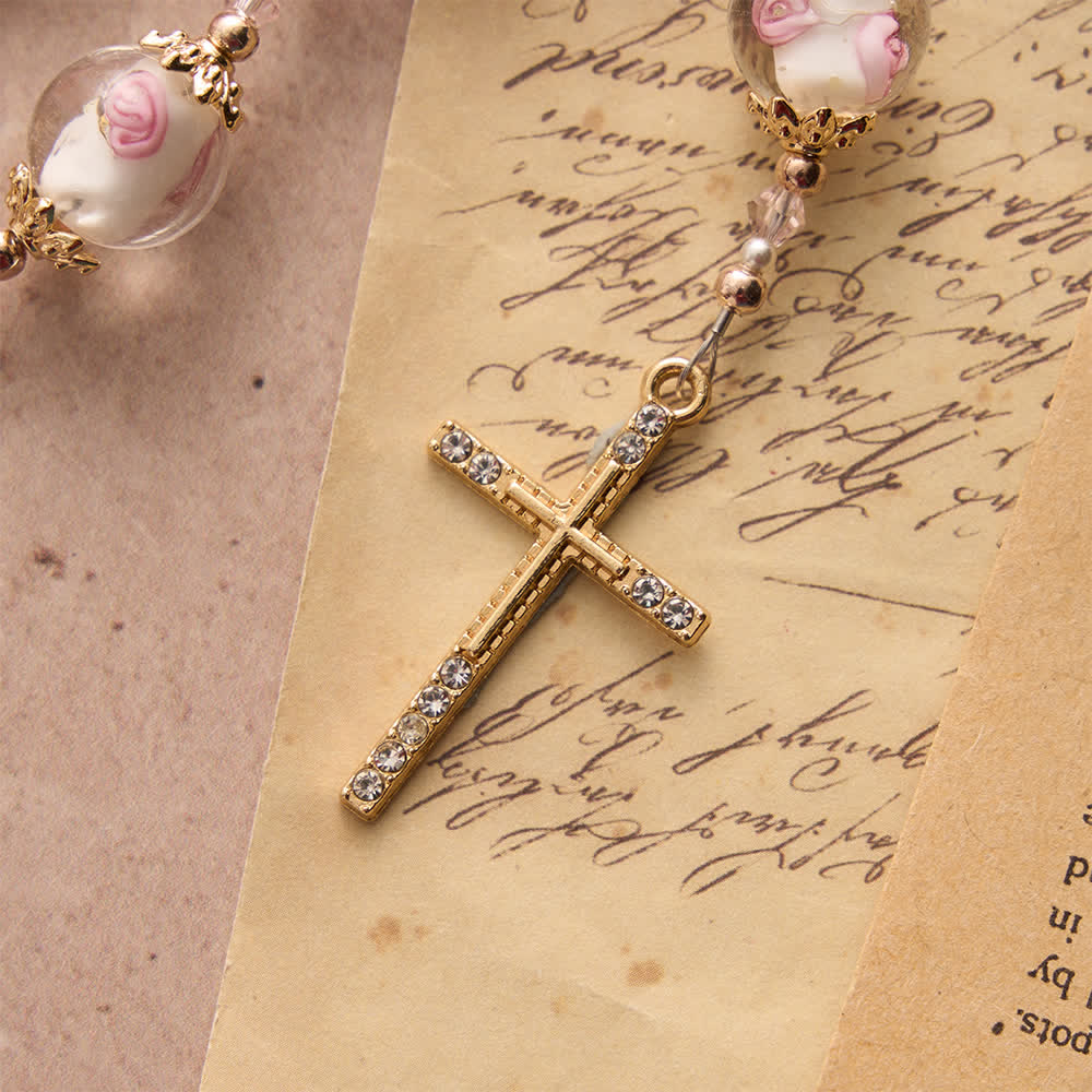 Soft Matte Pink Rosary with Delicate Rose Glass & St. Benedict Devotion