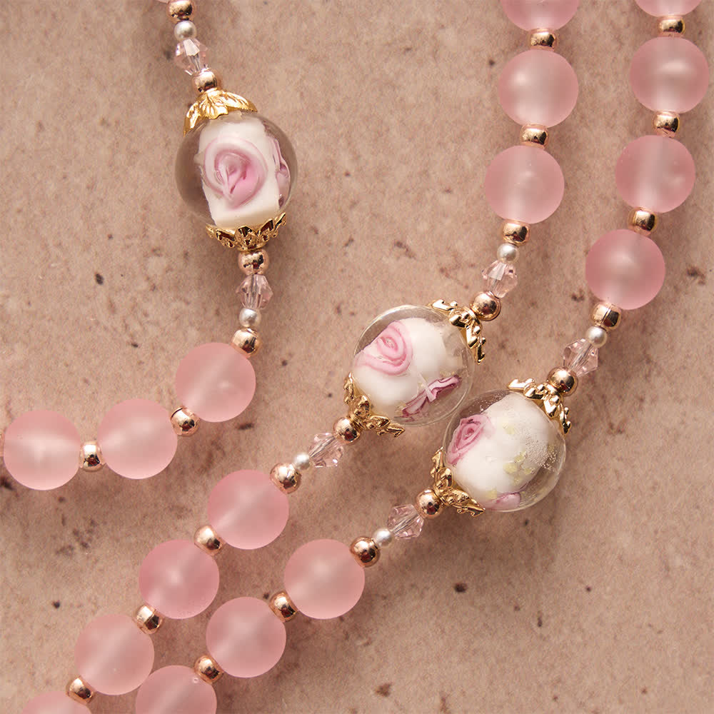 Soft Matte Pink Rosary with Delicate Rose Glass & St. Benedict Devotion