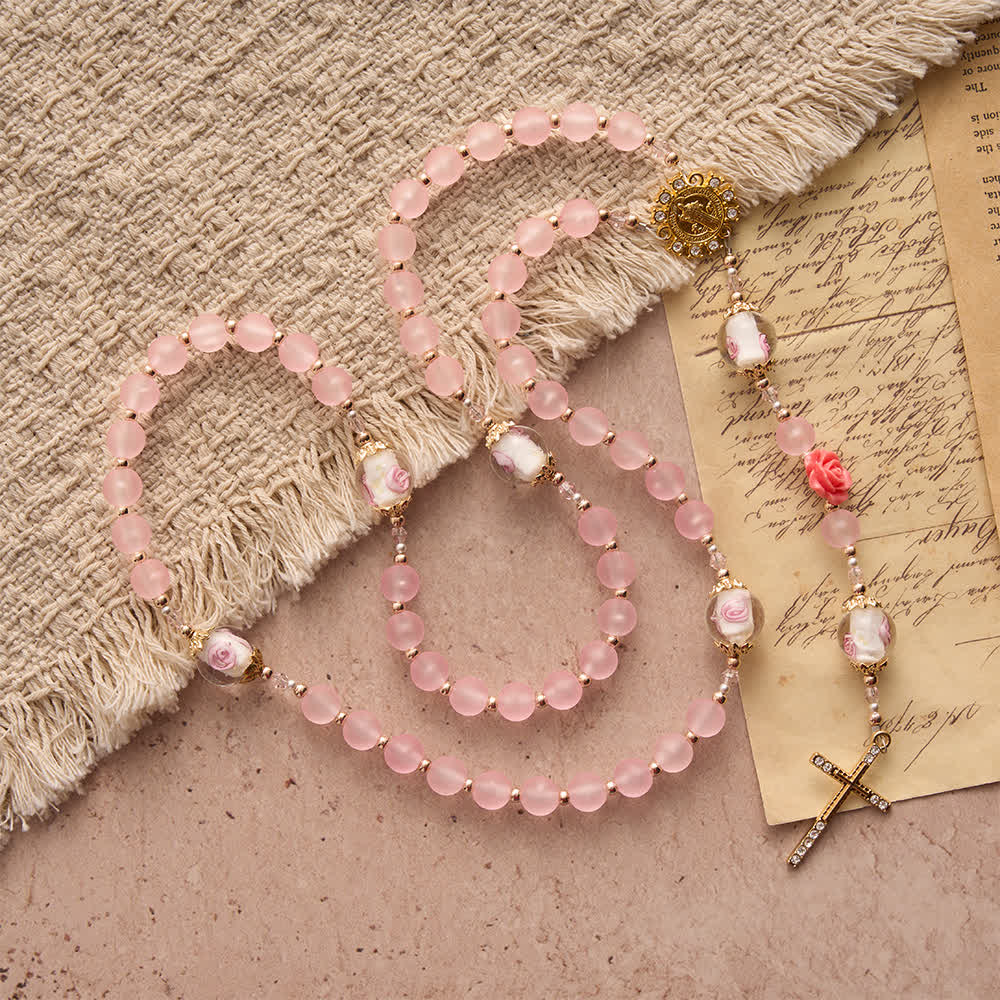 Soft Matte Pink Rosary with Delicate Rose Glass & St. Benedict Devotion
