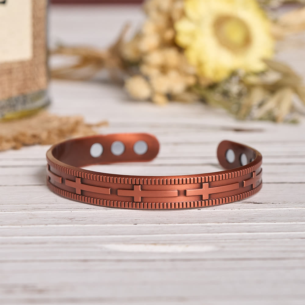 Adjustable Open Cuff Copper Bracelet with Embossed Full-Row Cross Motif & Inner Magnets