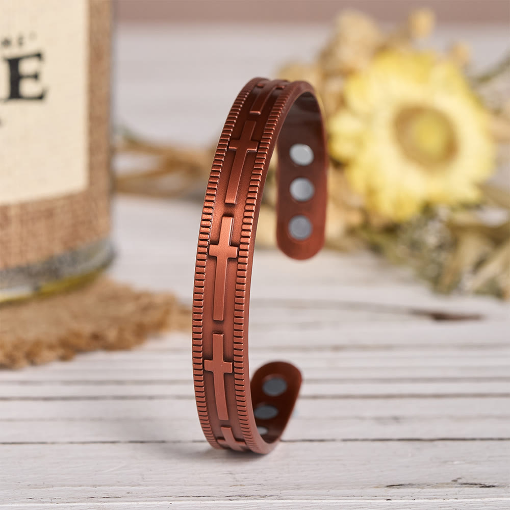 Adjustable Open Cuff Copper Bracelet with Embossed Full-Row Cross Motif & Inner Magnets
