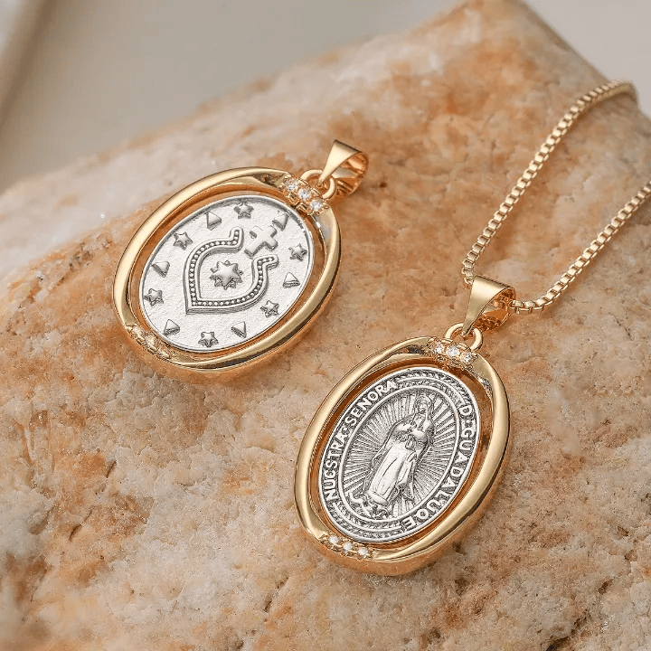 Reversible Spinning Oval Pendant Necklace with Our Lady of Guadalupe & Sacred Heart Designs