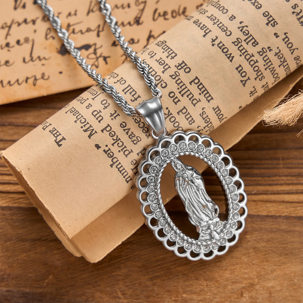 Openwork Oval Our Lady Necklace with Zircon Halo & Braided Chain: A Reminder of Divine Mercy and Heavenly Protection