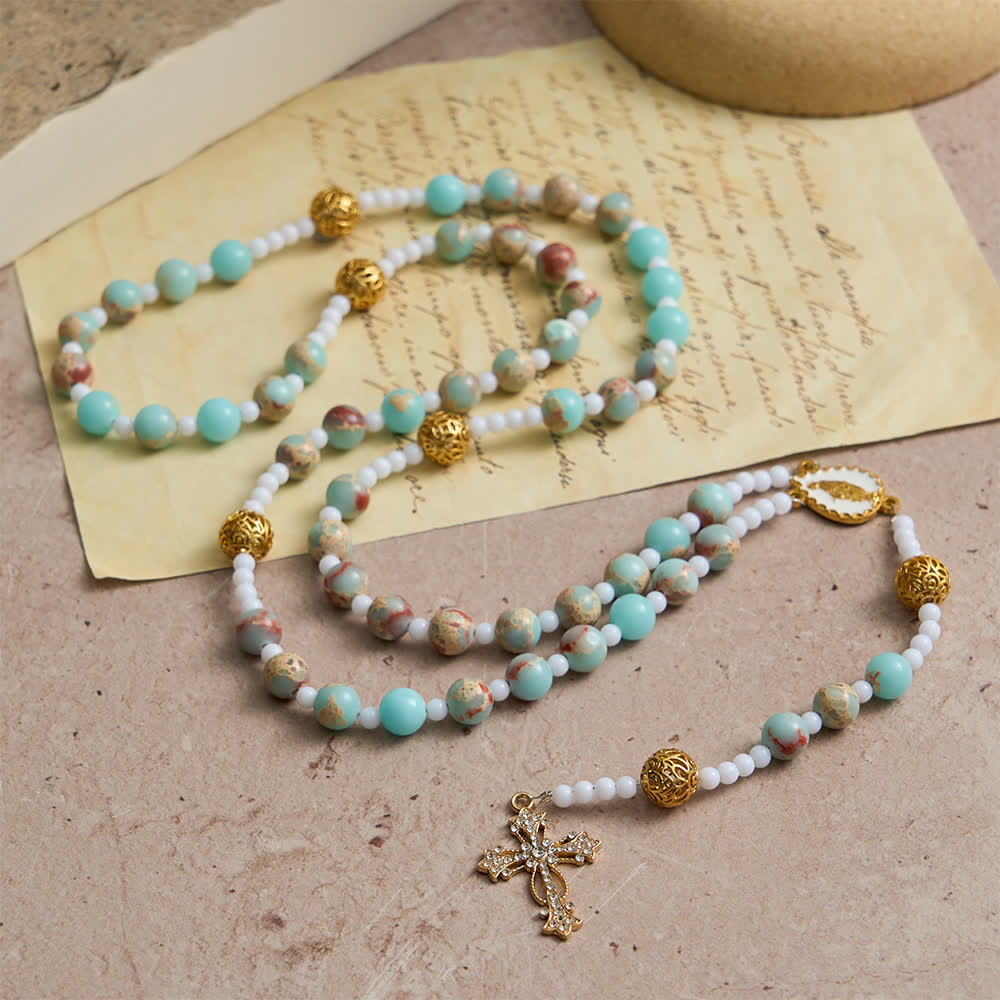 Soft Aqua Shoushan Stone Rosary: Our Lady Marian Devotion