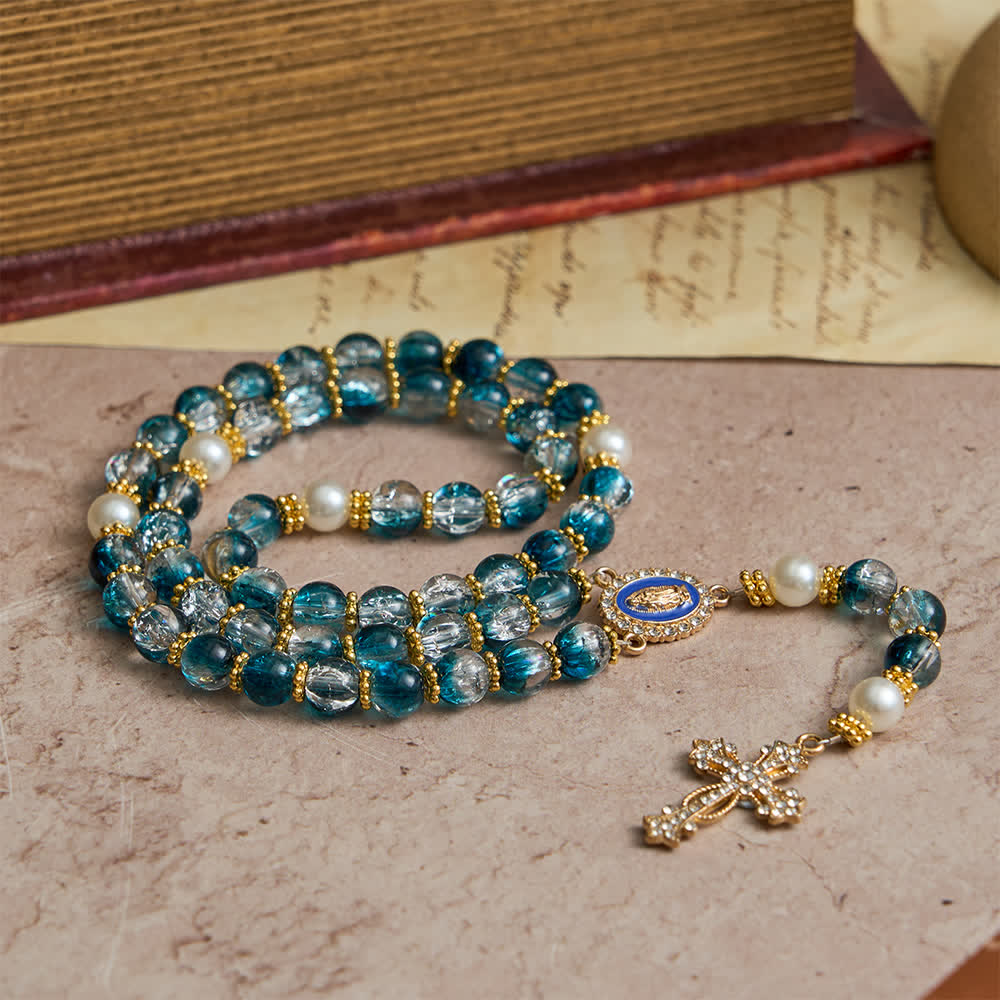 Blue Crackle Glass Bead Rosary for Daily Marian Devotion