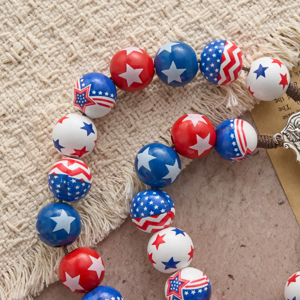 Two-Style Patriotic American Flag Cross Rosary with Red White Blue Stars & Stripes Beads