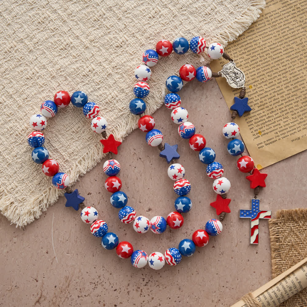 Two-Style Patriotic American Flag Cross Rosary with Red White Blue Stars & Stripes Beads