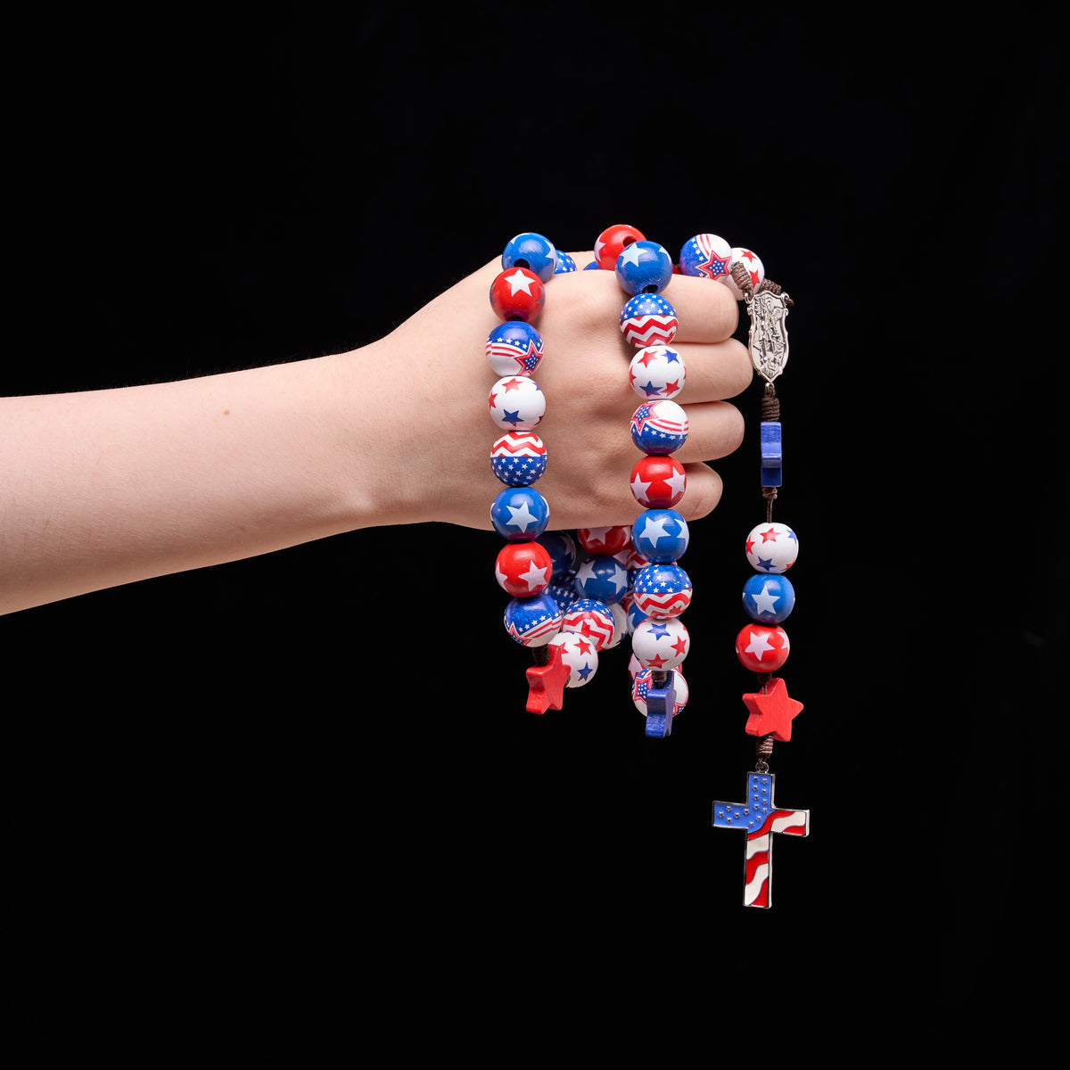 Two-Style Patriotic American Flag Cross Rosary with Red White Blue Stars & Stripes Beads