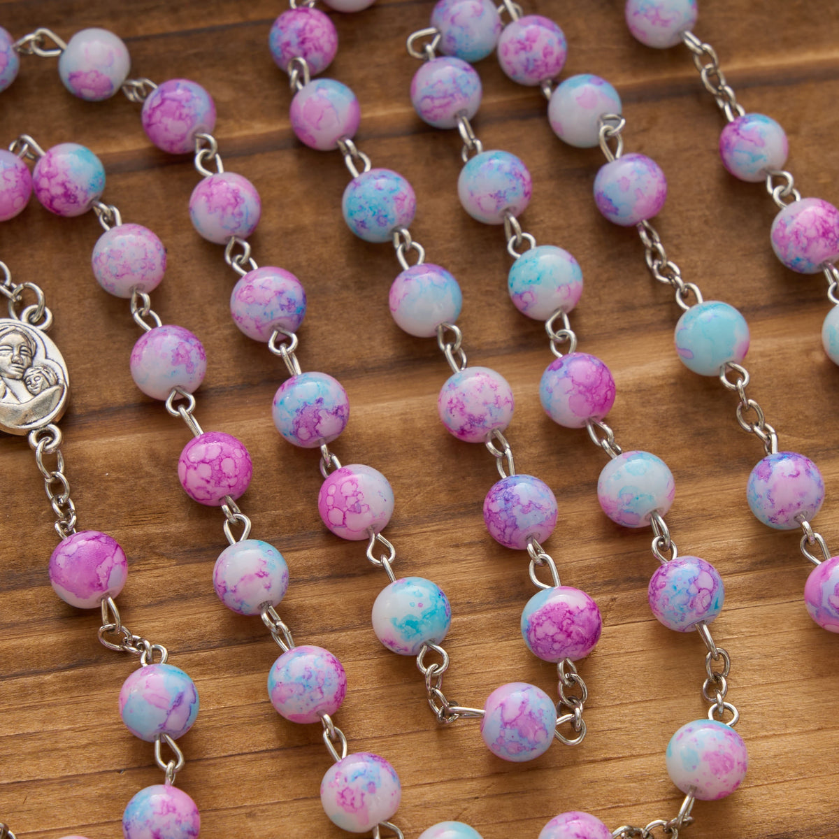 Marbled Pink & Blue Glass Bead Rosary with Madonna and Child Medal & Crucifix