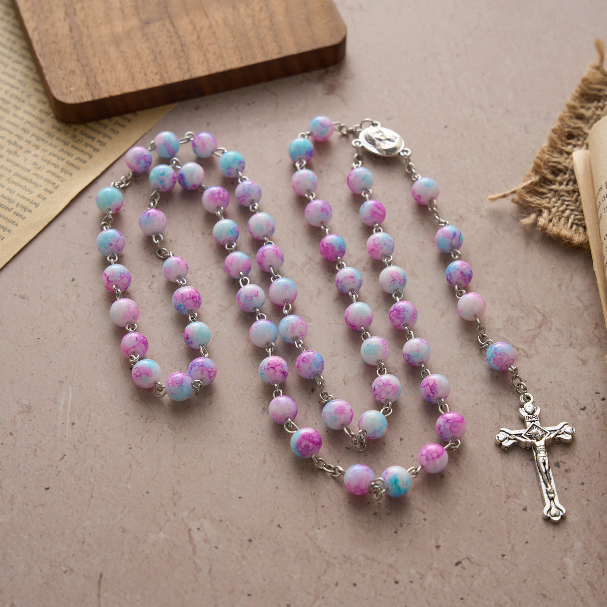 Marbled Pink & Blue Glass Bead Rosary with Madonna and Child Medal & Crucifix