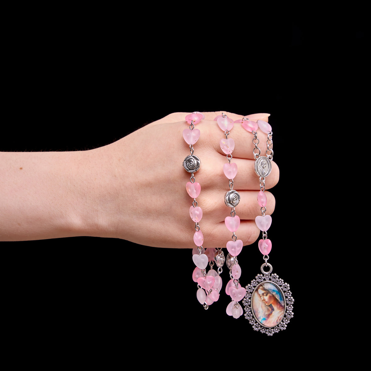 Gradient Frosted Heart Glass Bead Seven Sorrows Rosary with Our Lady Portrait Pendant