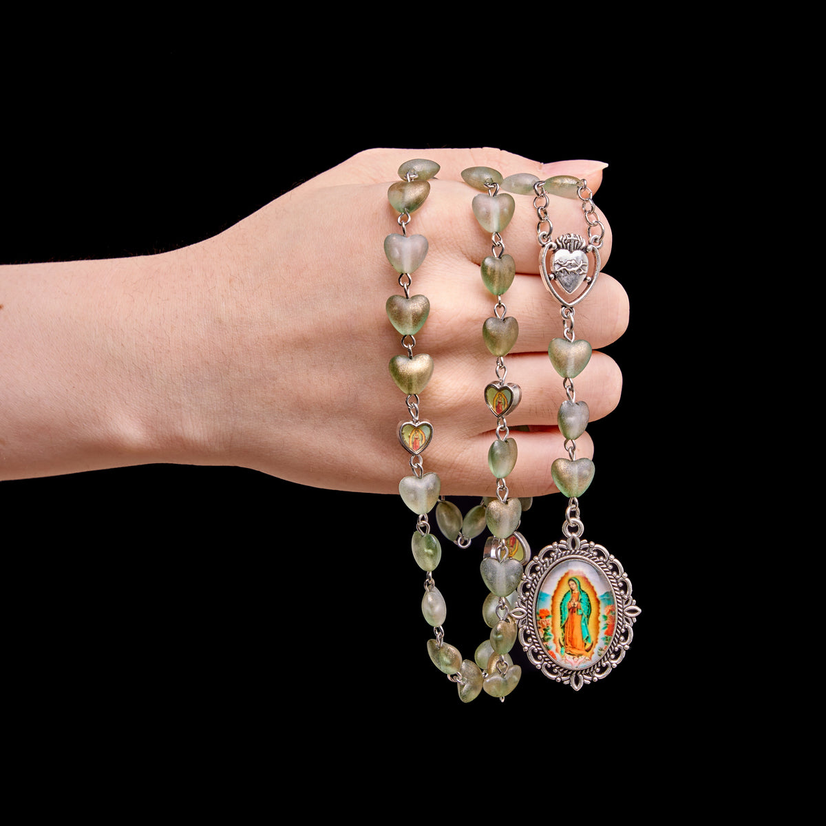 Gradient Frosted Heart Glass Bead Seven Sorrows Rosary with Our Lady Portrait Pendant