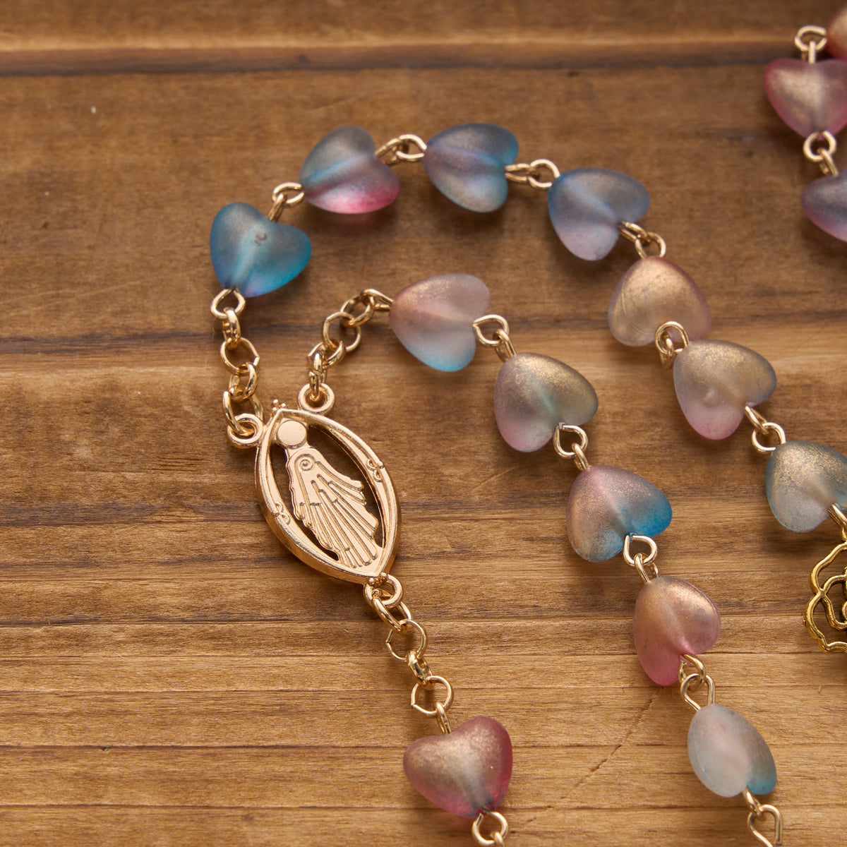 Gradient Frosted Heart Glass Bead Seven Sorrows Rosary with Our Lady Portrait Pendant