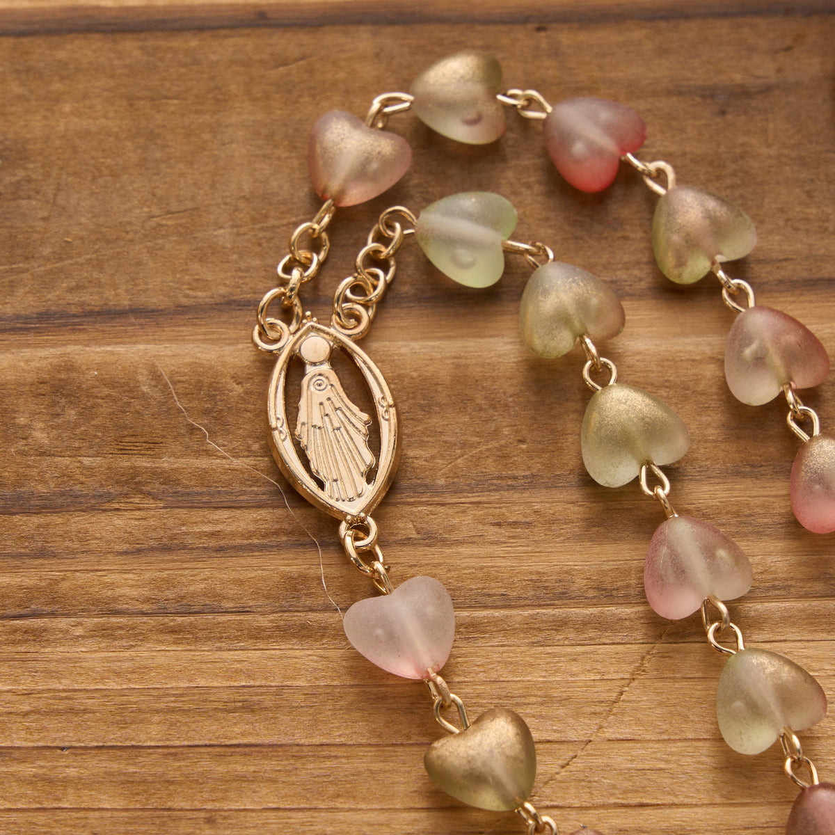 Gradient Frosted Heart Glass Bead Seven Sorrows Rosary with Our Lady Portrait Pendant