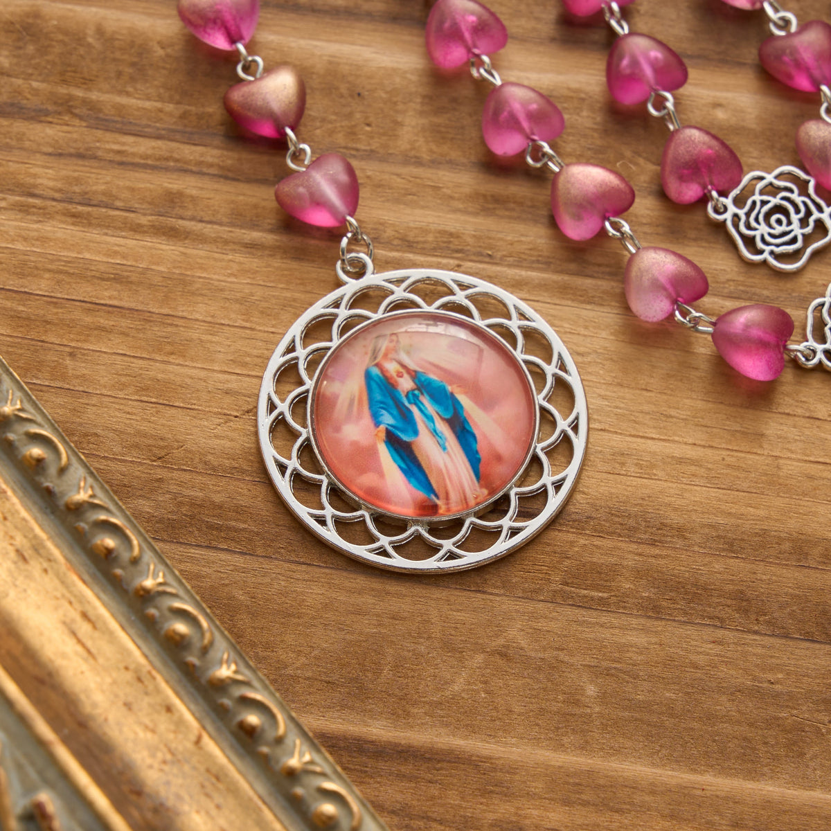 Gradient Frosted Heart Glass Bead Seven Sorrows Rosary with Our Lady Portrait Pendant