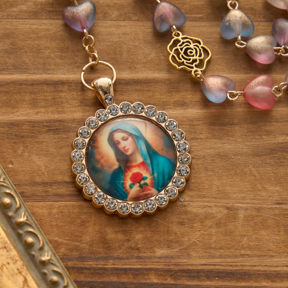 Gradient Frosted Heart Glass Bead Seven Sorrows Rosary with Our Lady Portrait Pendant