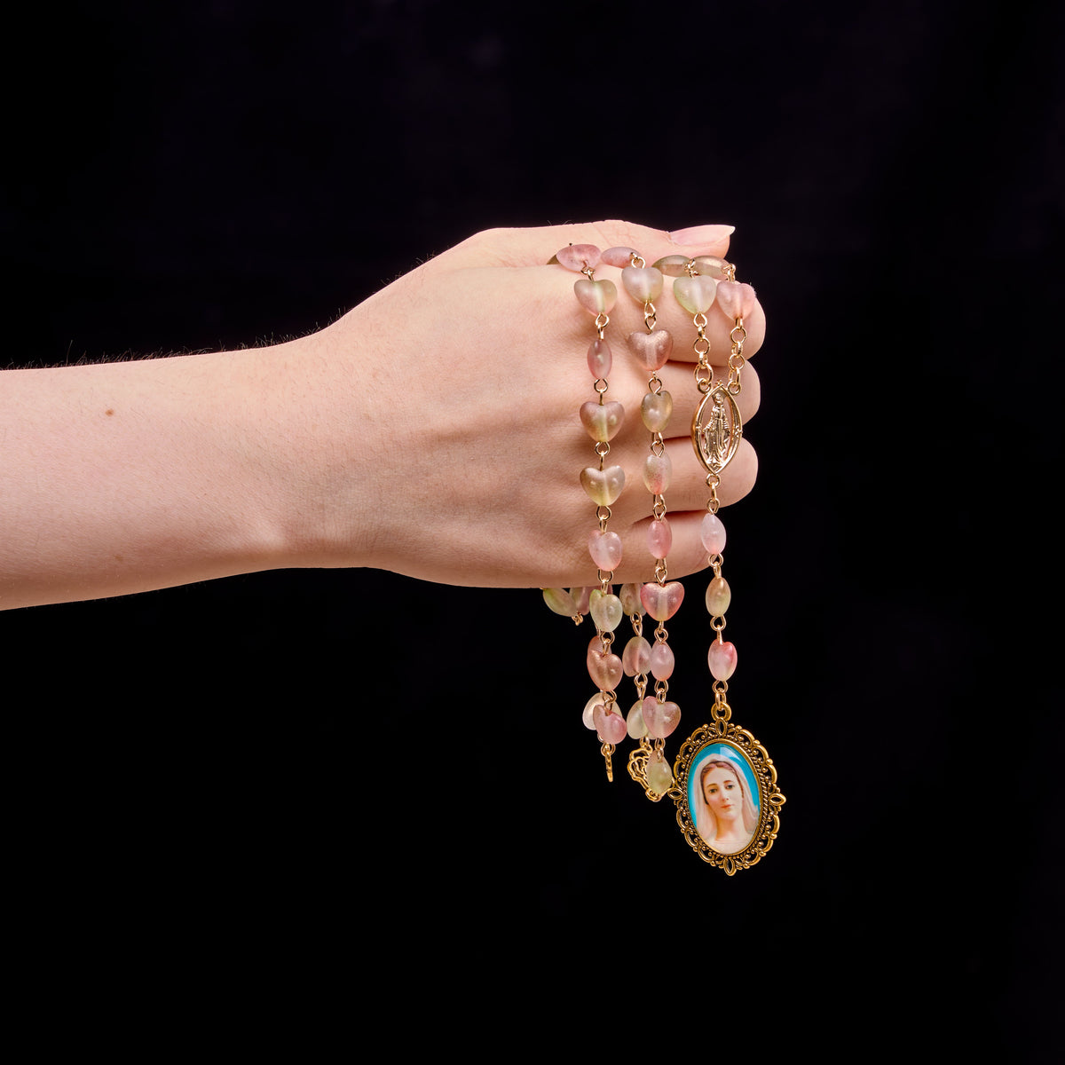Gradient Frosted Heart Glass Bead Seven Sorrows Rosary with Our Lady Portrait Pendant