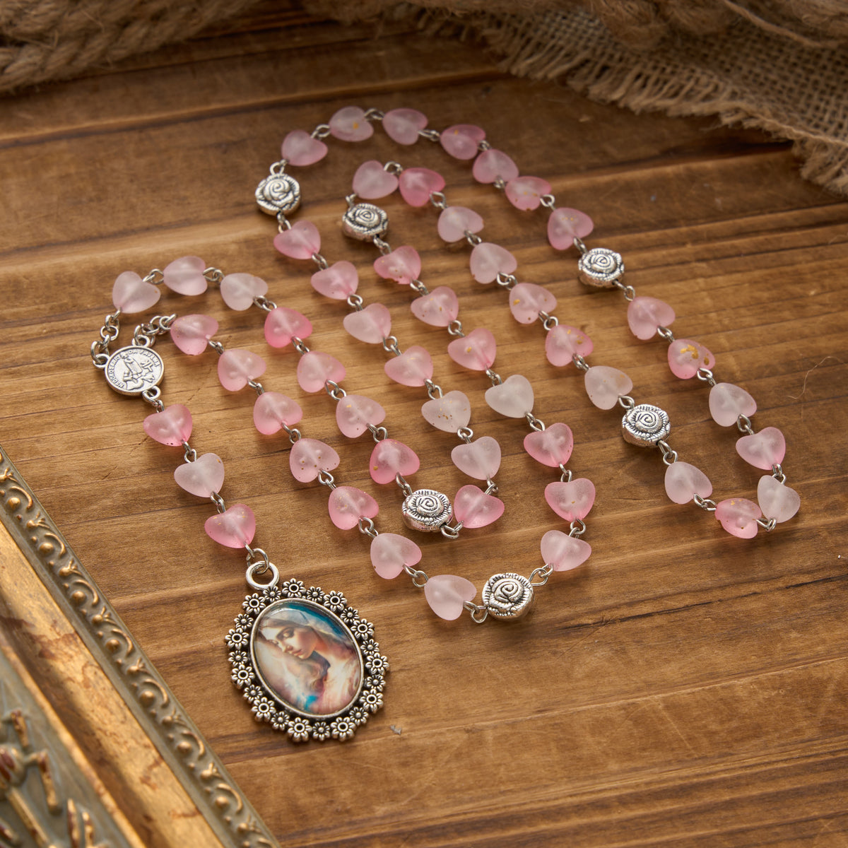 Gradient Frosted Heart Glass Bead Seven Sorrows Rosary with Our Lady Portrait Pendant