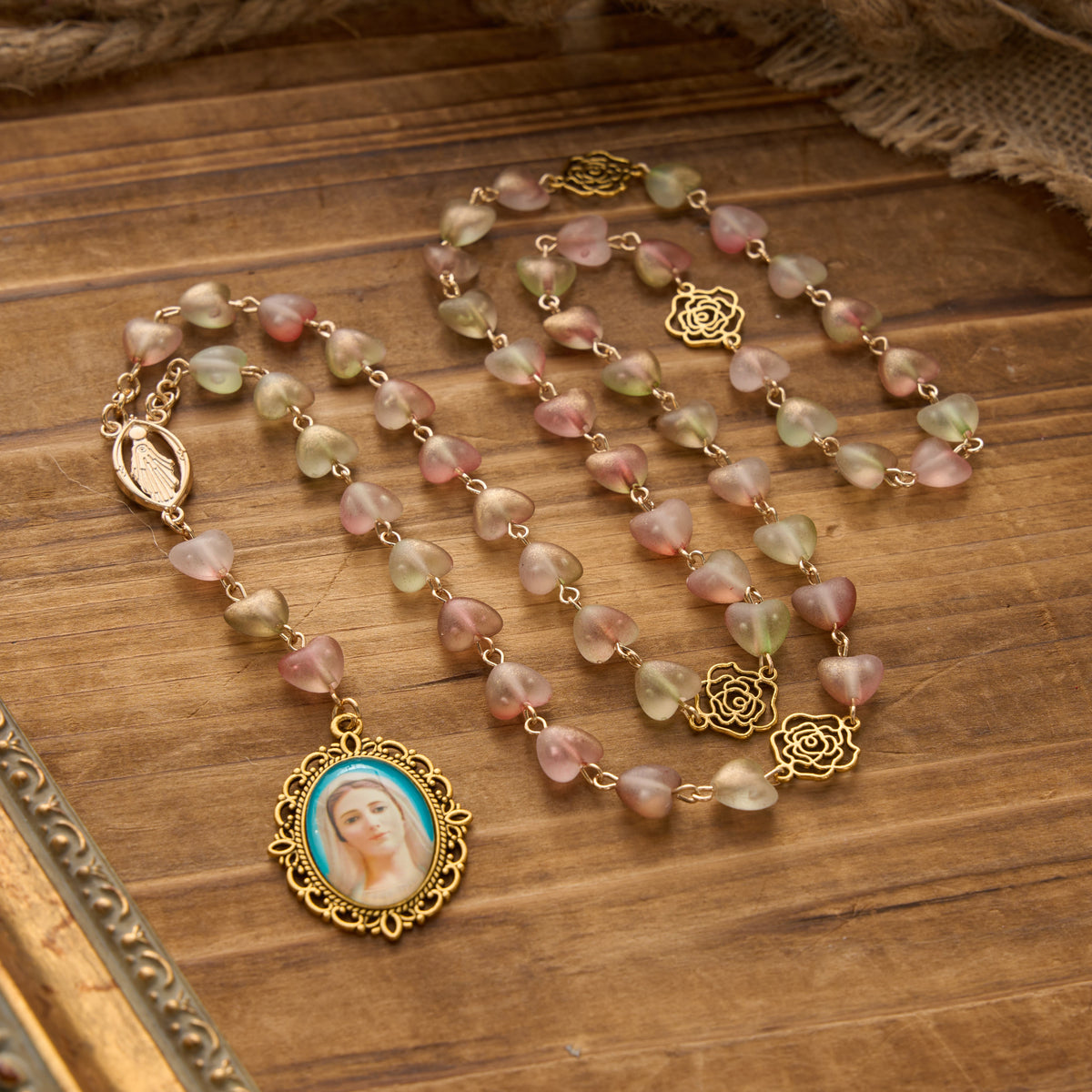 Gradient Frosted Heart Glass Bead Seven Sorrows Rosary with Our Lady Portrait Pendant