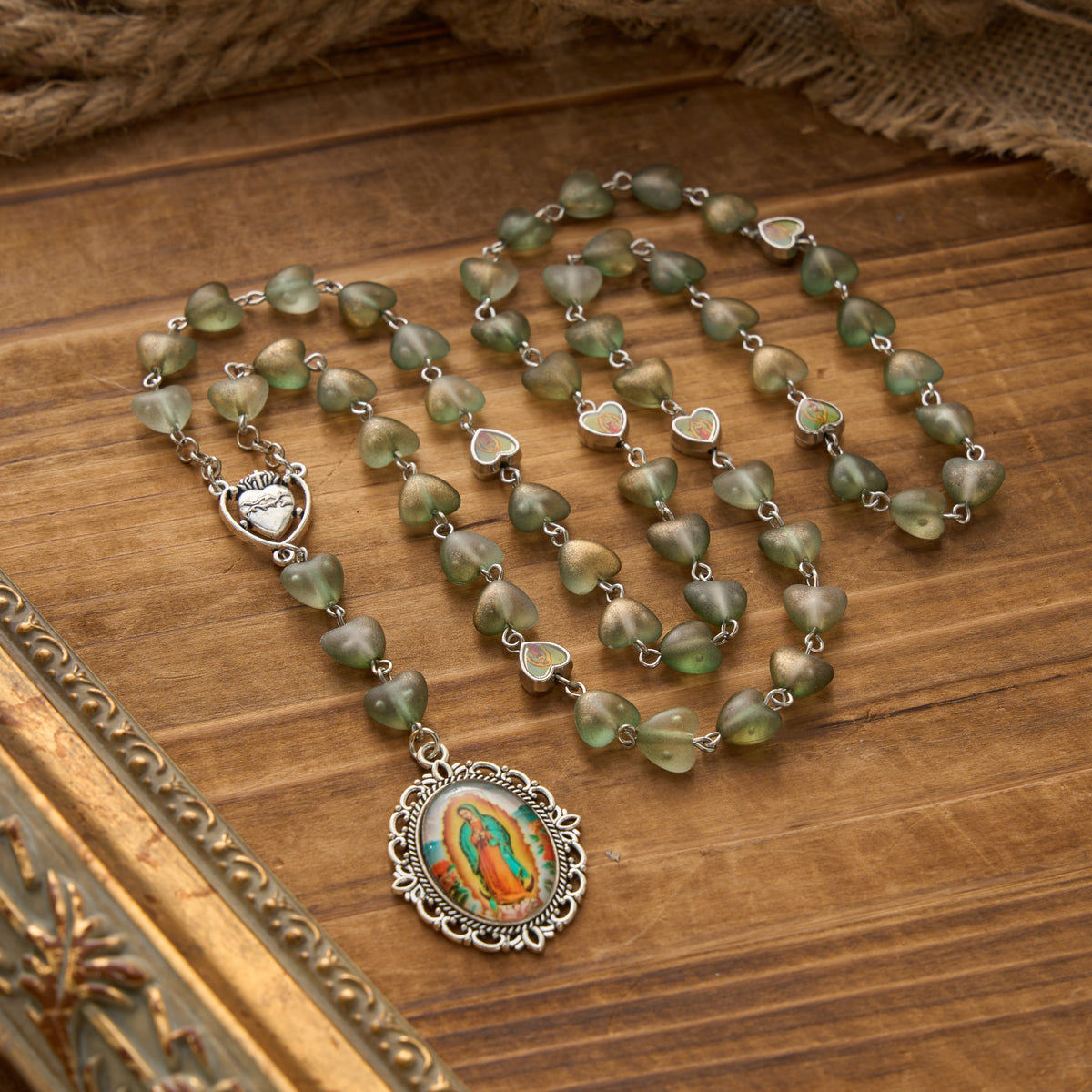 Gradient Frosted Heart Glass Bead Seven Sorrows Rosary with Our Lady Portrait Pendant