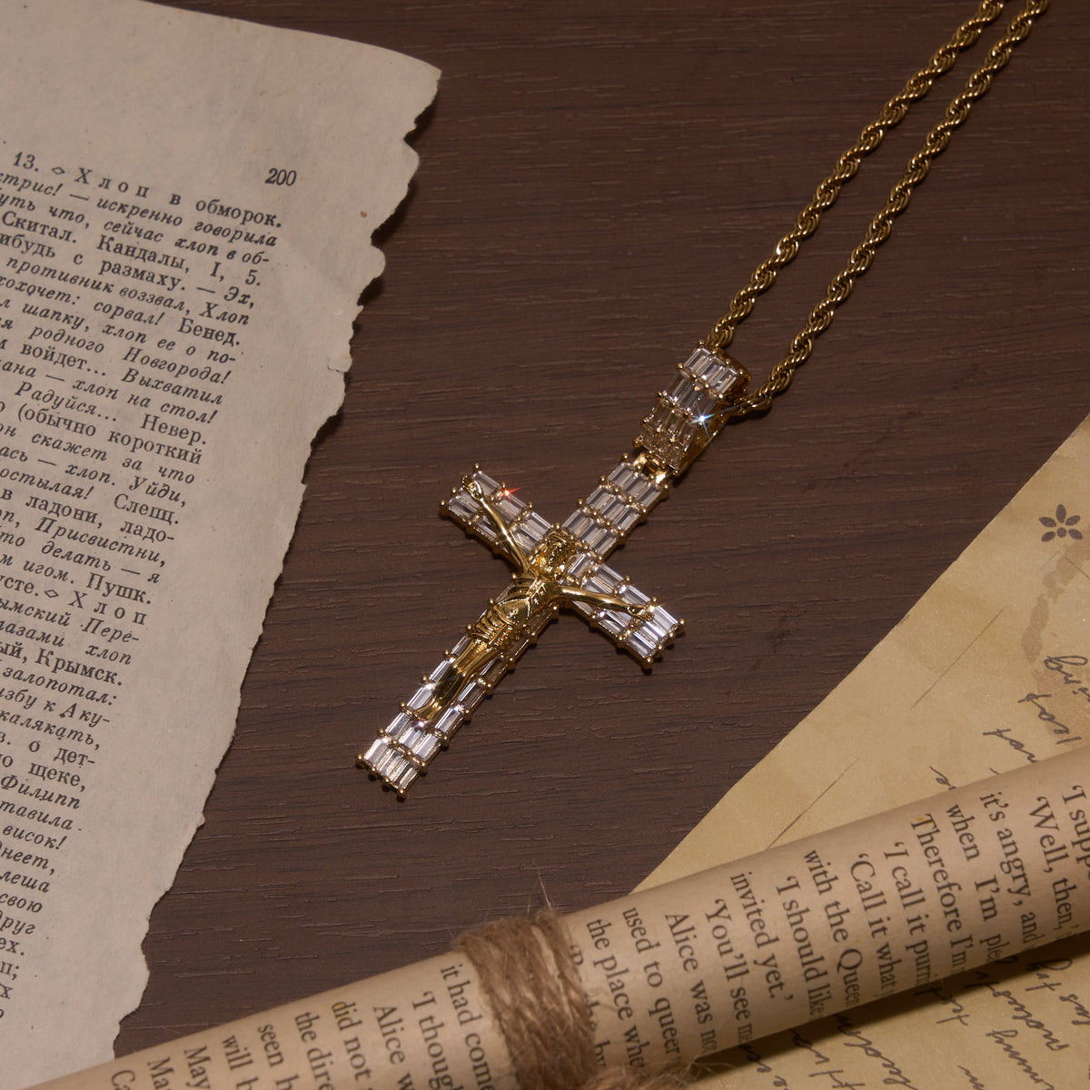 Baguette Zircon Fully Iced Crucifix Pendant Twisted Rope Chain Two-Tone Necklace