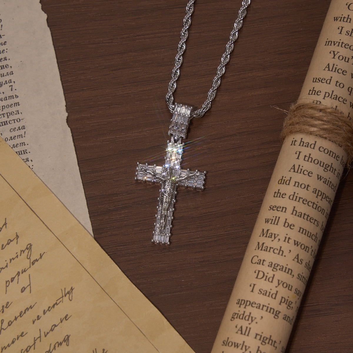 Baguette Zircon Fully Iced Crucifix Pendant Twisted Rope Chain Two-Tone Necklace