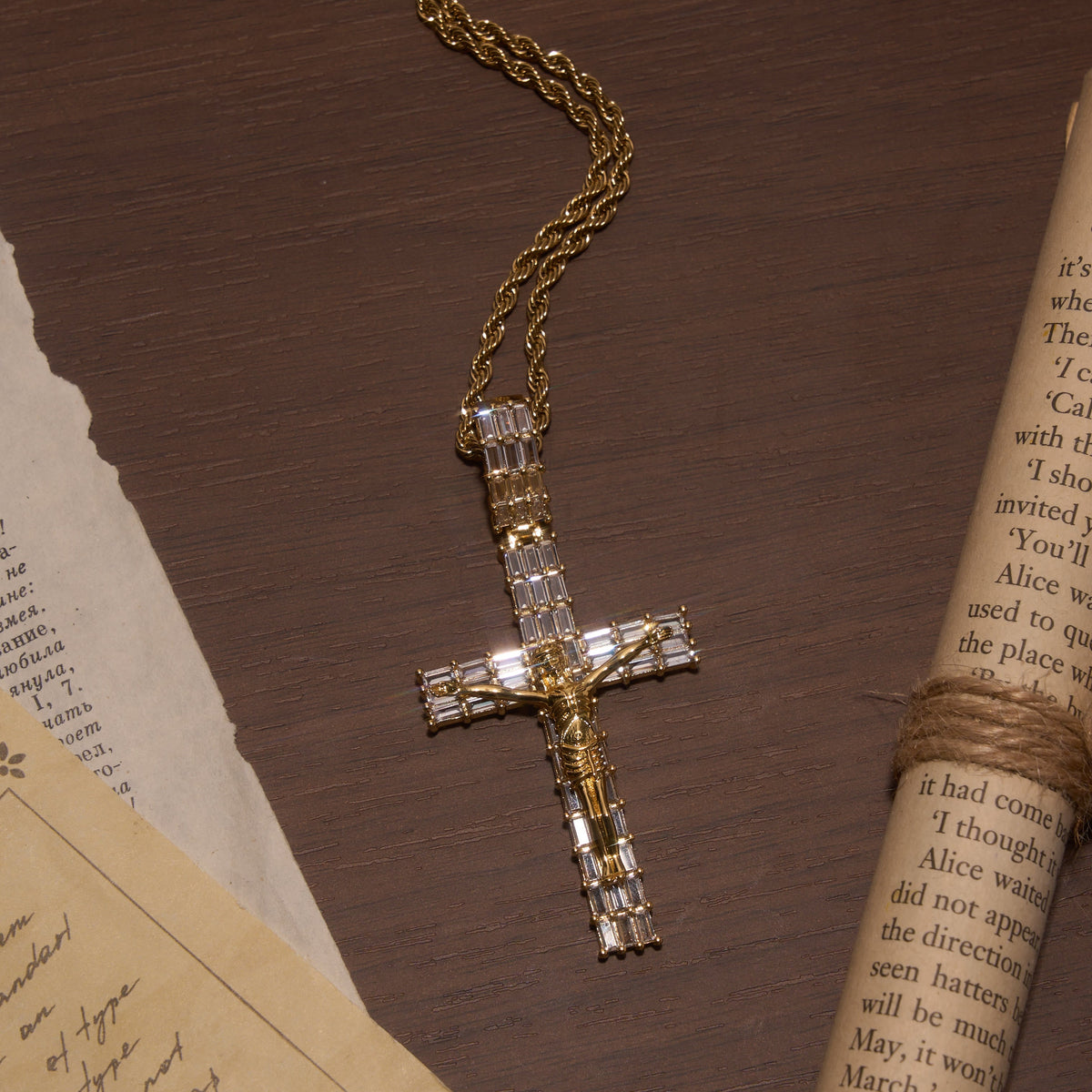 Baguette Zircon Fully Iced Crucifix Pendant Twisted Rope Chain Two-Tone Necklace