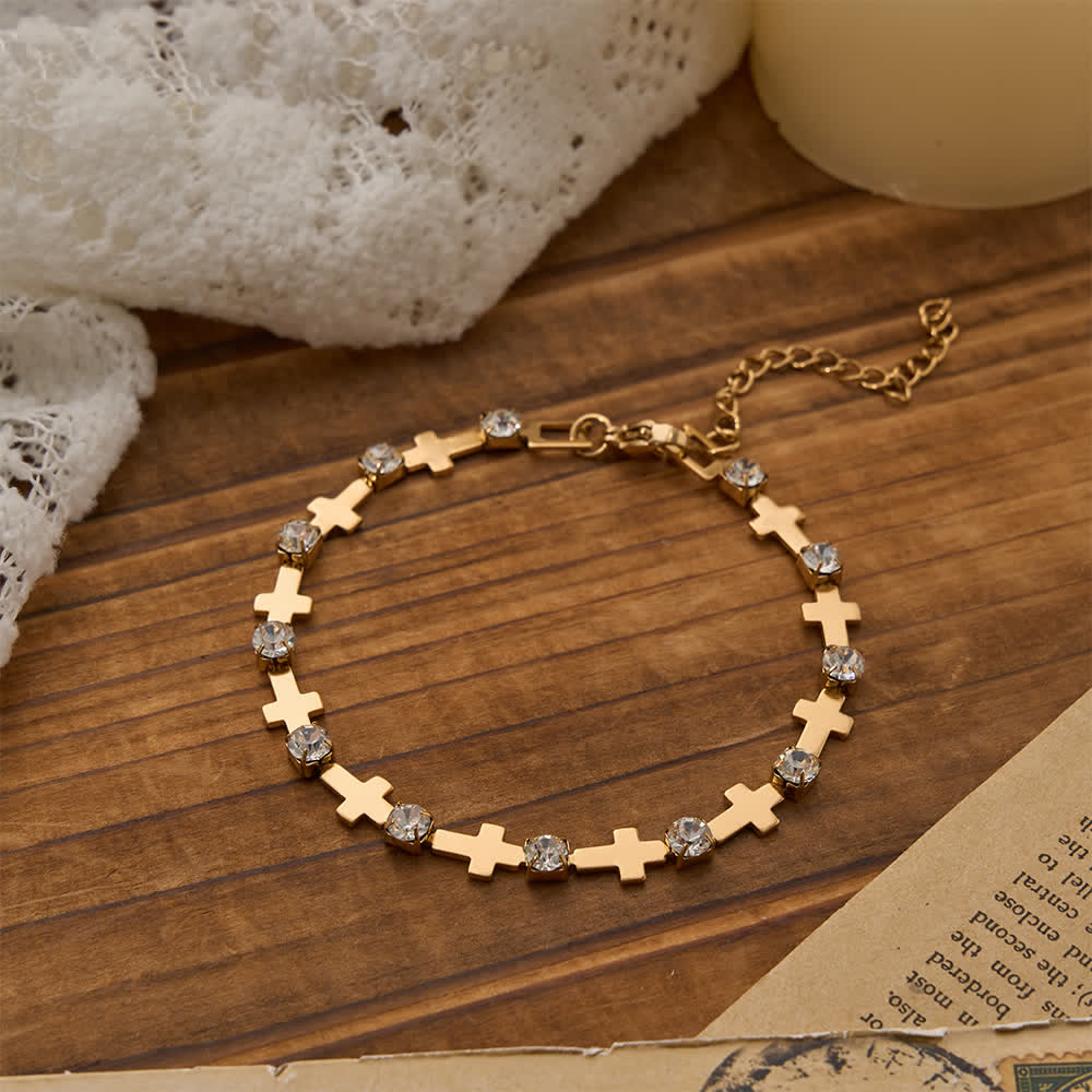 Elegant Everyday Gold Cross Chain Bracelet with Sparkling Rhinestone