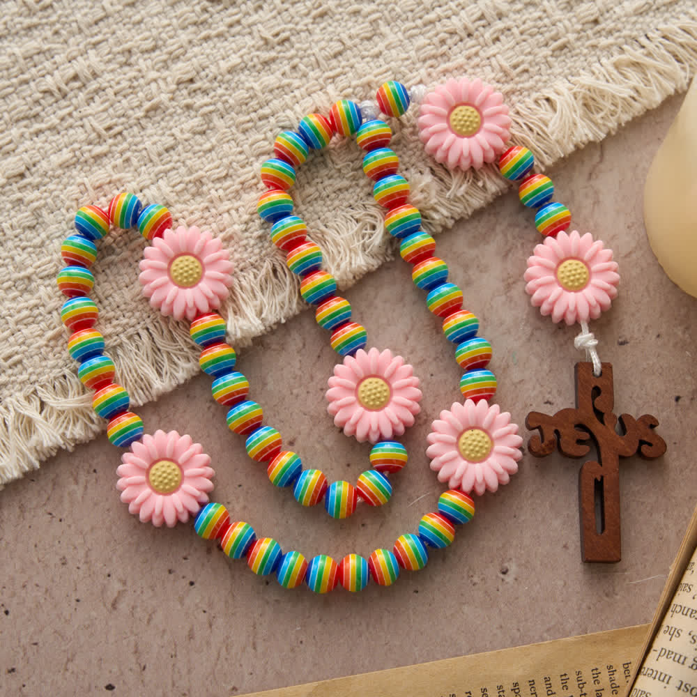Rainbow Candy Stripe Bead Kid's Rosary with Pink Daisy Nodes & Jesus Cross