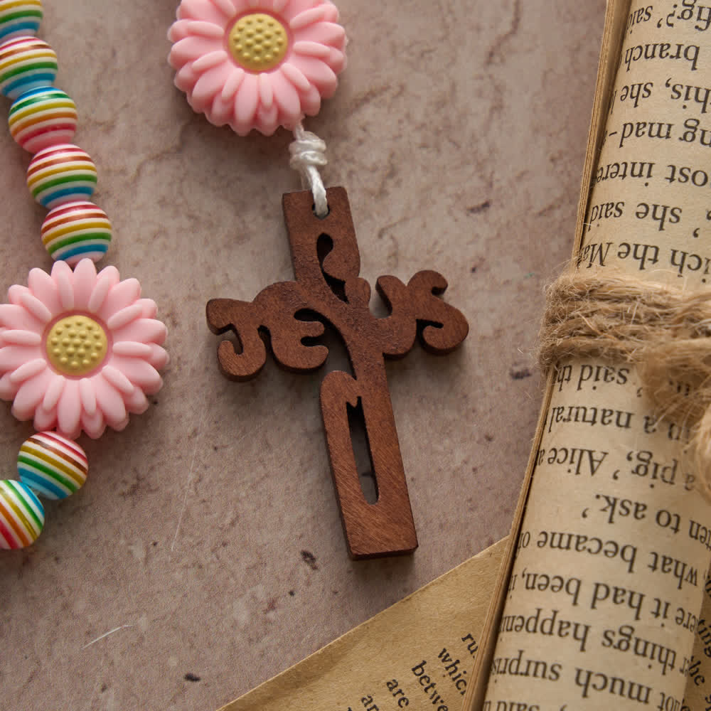 Soft Pastel Rainbow Stripe Rosary with Pink Daisy & Kids' Faith Accessory