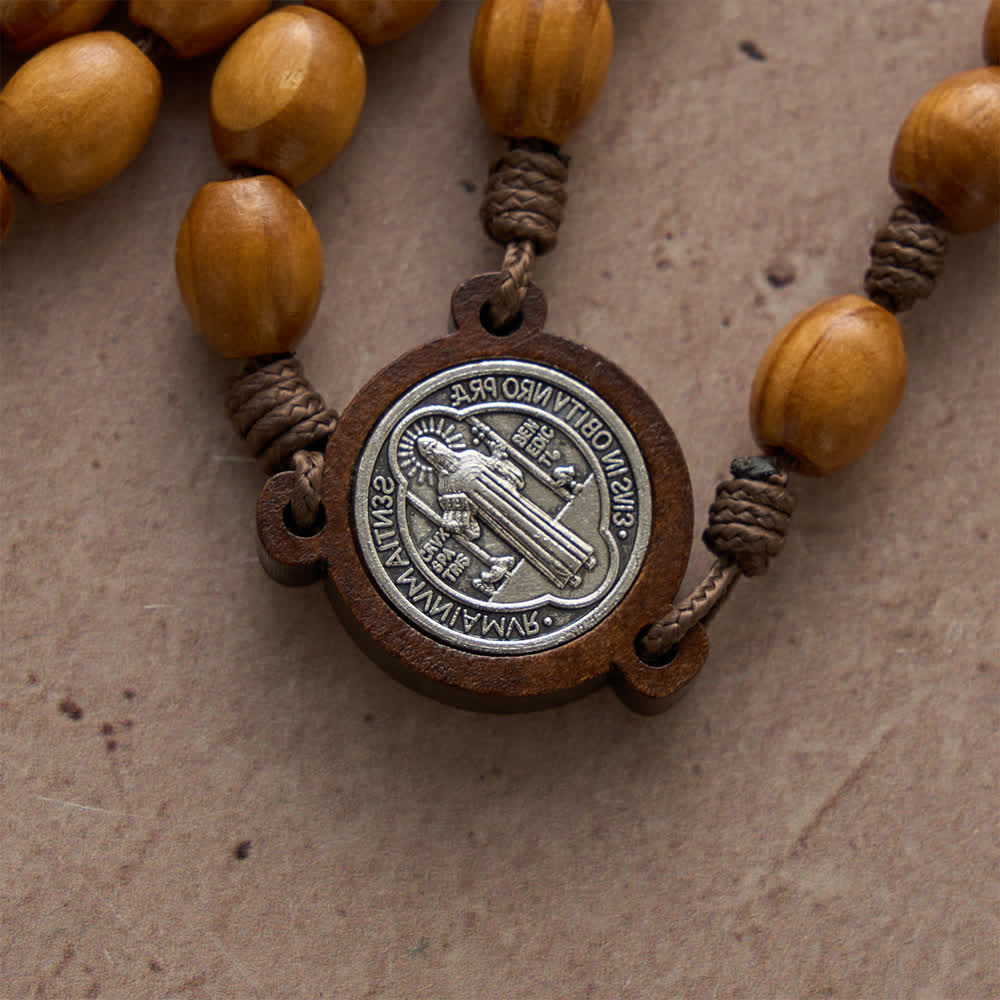Traditional Rustic Oval Wood 15-Decade Rosary with St. Benedict Centerpiece