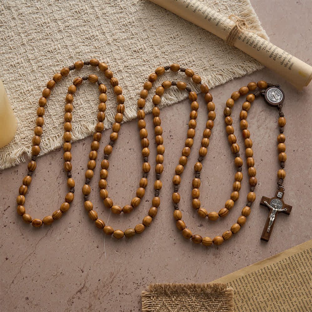 Traditional Rustic Oval Wood 15-Decade Rosary with St. Benedict Centerpiece