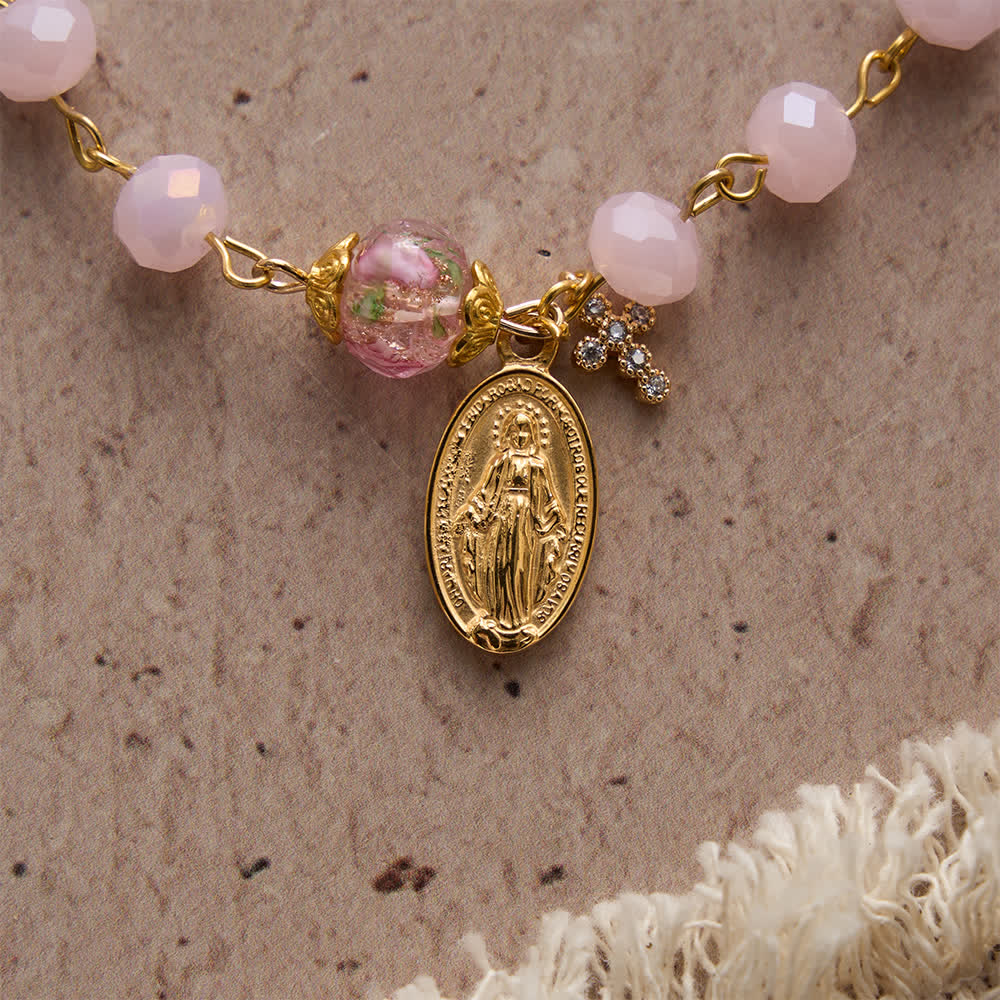 Soft Pink Crystal Devotional Bracelet with Our Lady Medal & Cross