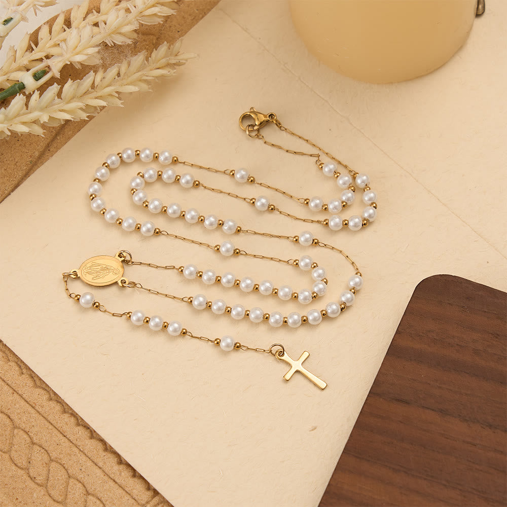 Faceted Crystal & Imitation Pearl Bead Minimal Our Lady Rosary with Flat Cross Pendant