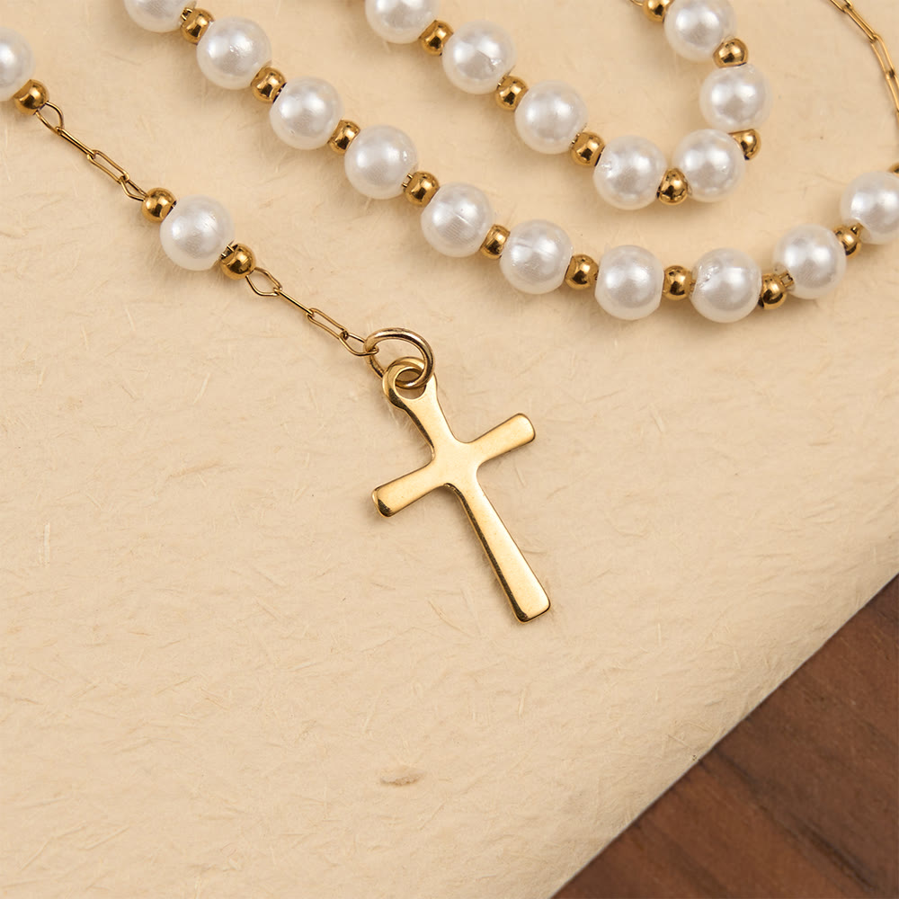 Faceted Crystal & Imitation Pearl Bead Minimal Our Lady Rosary with Flat Cross Pendant