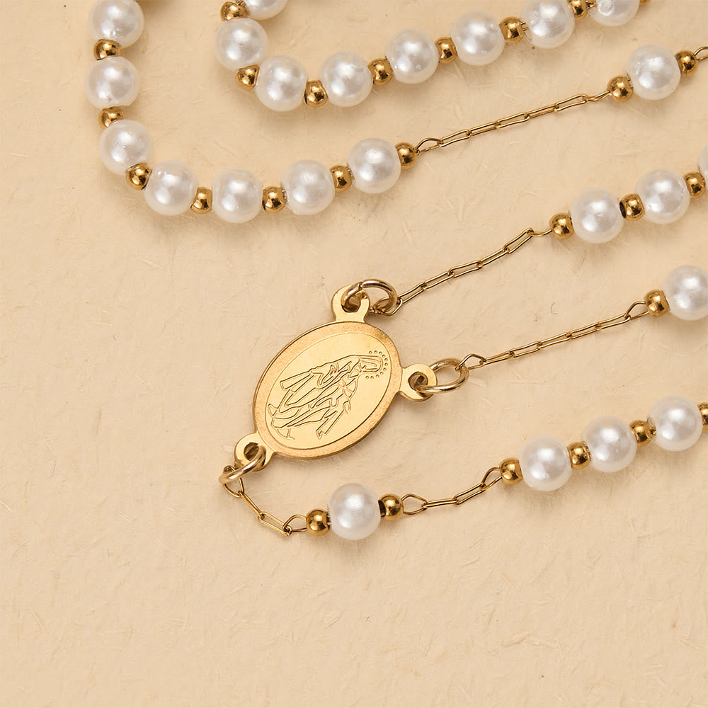 Faceted Crystal & Imitation Pearl Bead Minimal Our Lady Rosary with Flat Cross Pendant
