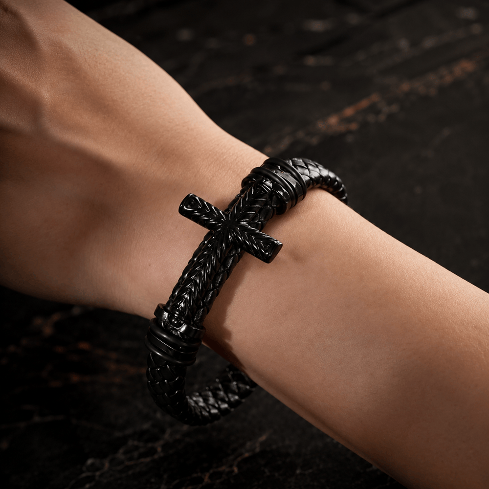 10-Color Braided Leather Cross Bracelet with Embossed Details: A Symbol of Rugged Faith