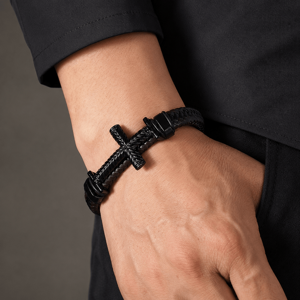 10-Color Braided Leather Cross Bracelet with Embossed Details: A Symbol of Rugged Faith