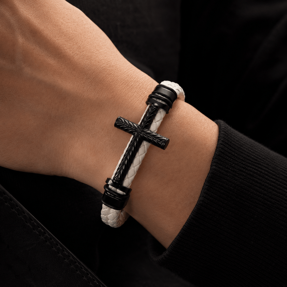 10-Color Braided Leather Cross Bracelet with Embossed Details: A Symbol of Rugged Faith